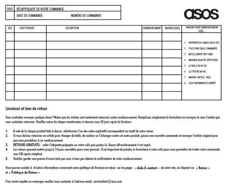 asos formulaire de retour.